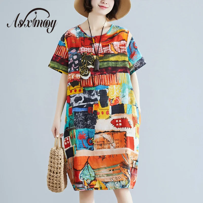 

Women Dress Summer Plus Size Print Vintage Elegant Women Dresses Knee Length Cotton Linen Casual Beach Dress Vestidos Mujer