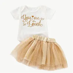 Комплект из 2 предметов, Одежда для новорожденных девочек, летний комбинезон с короткими рукавами и буквенным принтом для девочек, комплект