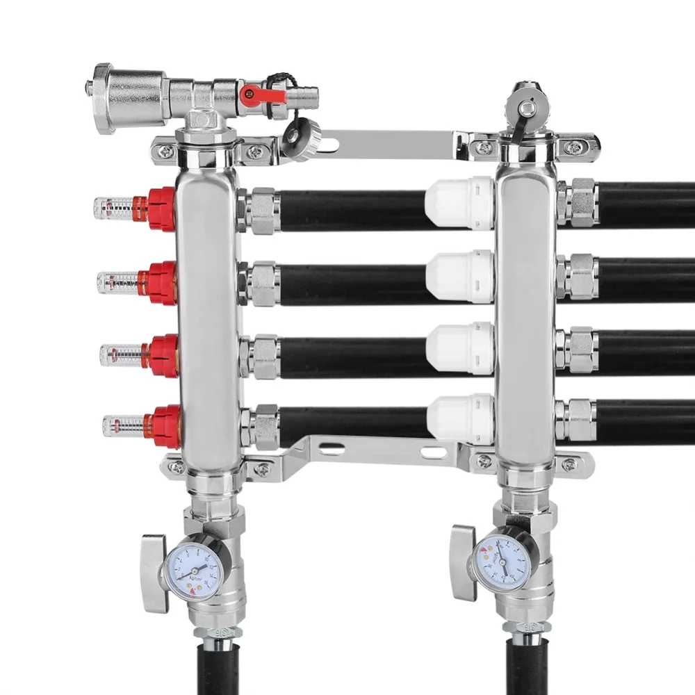 4-филиал Нержавеющая сталь напольного отопления набор коллектора регулируемый поток клапаны Система нагрева инструмент