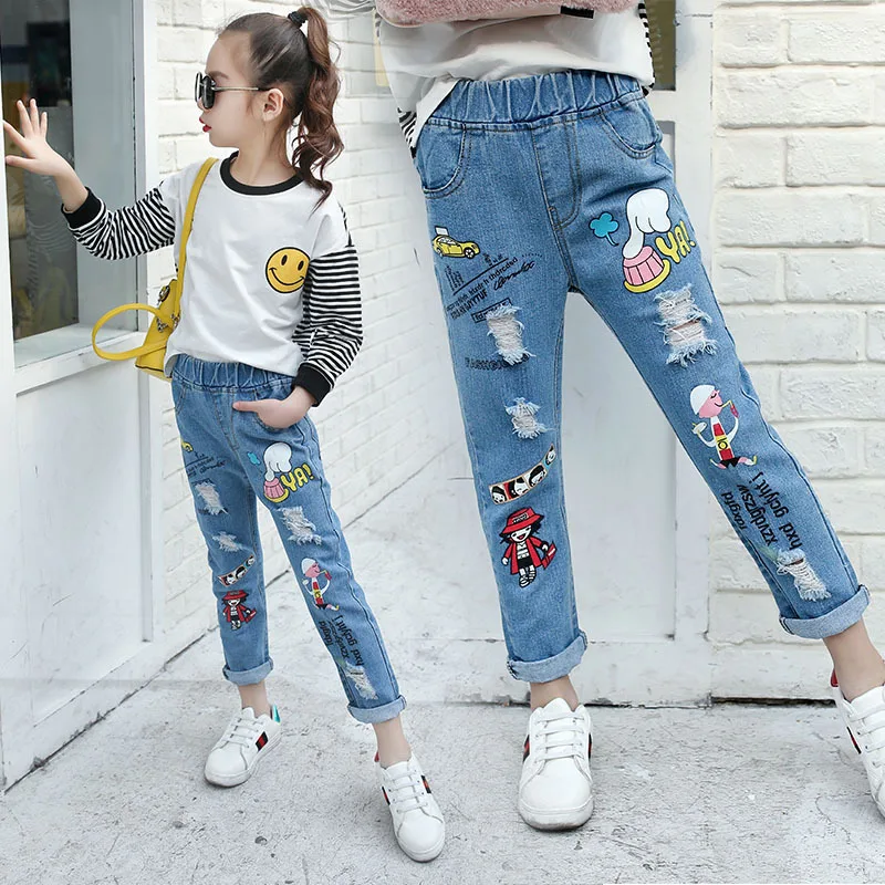 

2019 Spring New Fashion Girls Ripped Middle Waist Soild Color Cartoon Jeans Baby Trousers Cotton Denim Long Pants