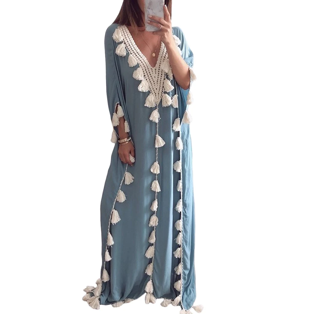 Женское Макси платье большого размера Boho летнее пляжное повседневное длинное с v