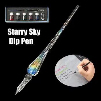 

8Pcs Starry Sky Glass Pen Sets Gold Powder ink Pen Glass Dip Pen For Writing Fountain Signature Pens Art Supplies With Gifts Box