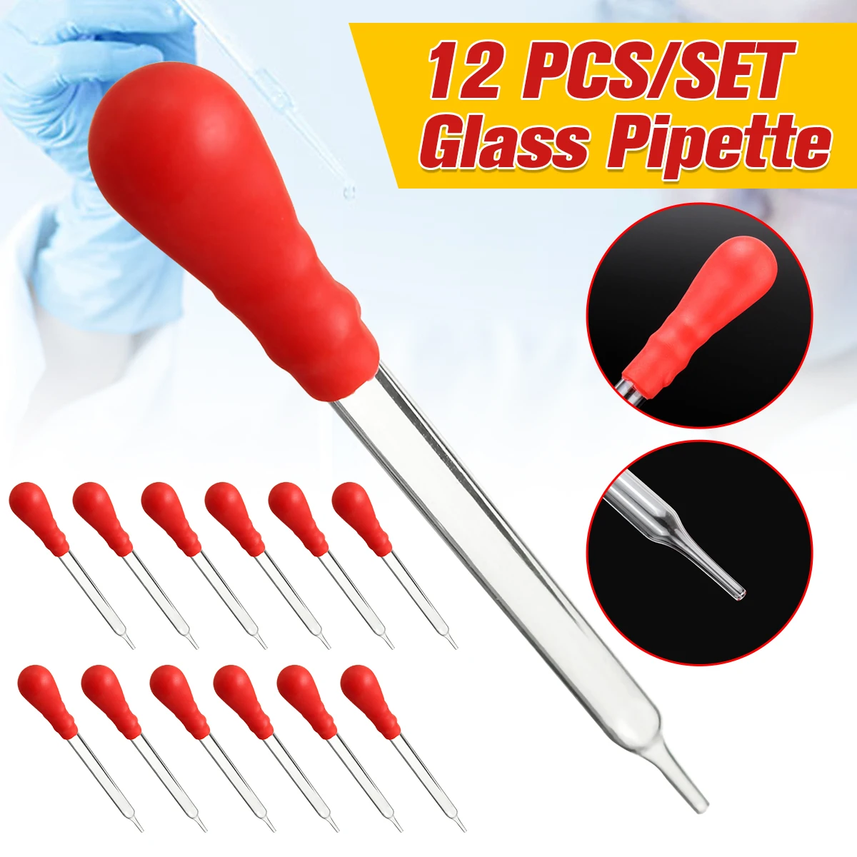 

12Pcs 10ml Glass Pipette Pipet Dropper Medicine Laboratory Dropper With Red Rubber Head Lab Supplies