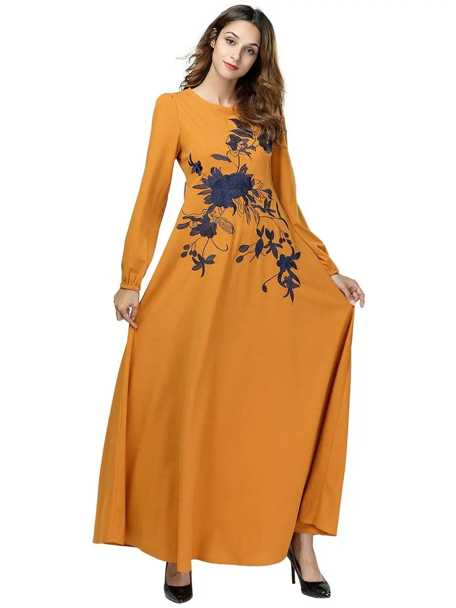 Женское длинное платье с вышивкой Abaya мусульманское макси кафтан Дубай длинный