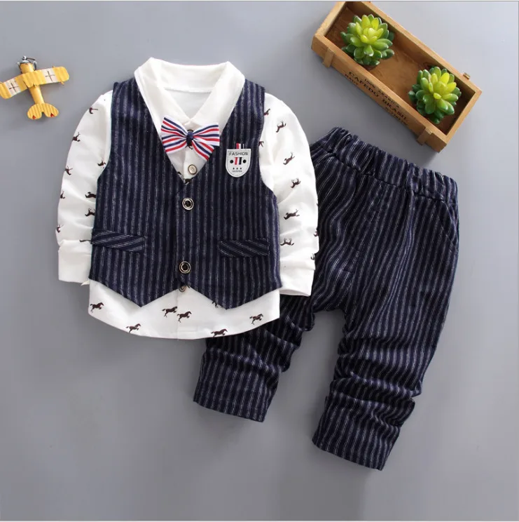

2019 Spring Autumn Children Tie Blazer Formal Cotton Gentleman Casual Boys Suits Jackets T-Shirt Pants 3pcs/sets Infant Clothes
