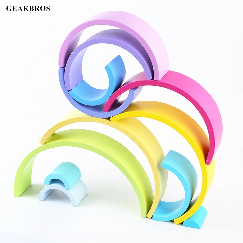 

12Pcs Large Rainbow Blocks Wooden Toys For Kids Matching With 11Pcs Semicircle Rainbow Building Blocks Baby Montessori Toys Gift