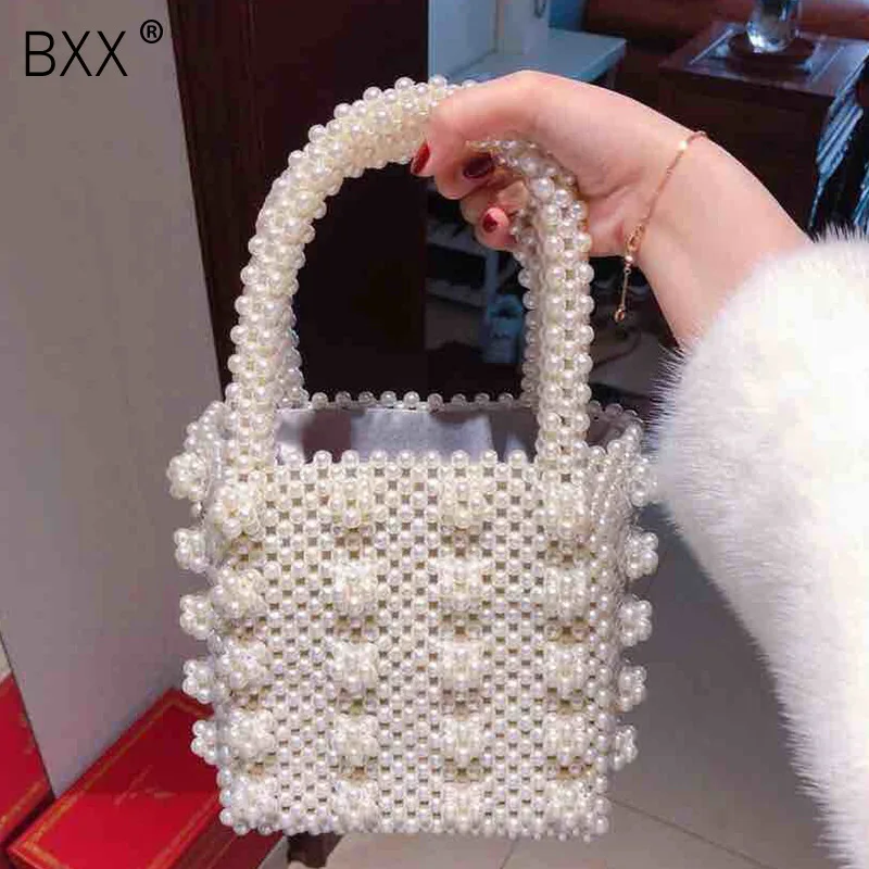 

[BXX] 2019 New Pattern Fashion Temperament Portable Concise Solid Color Square Imitate Pearl Beading Handbag Women DA309