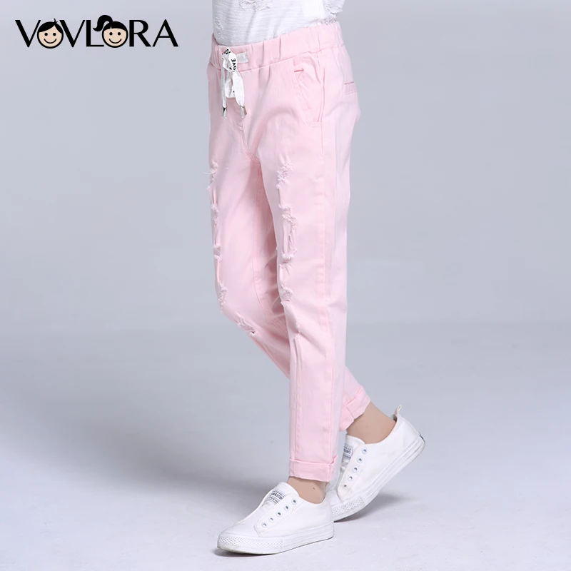 

Girls Pants Ripped Pencil Kids Trousers Girls Holes Drawstring Ankle-length Children Pants Spring 2018 Size 7 8 9 10 11 12 Years