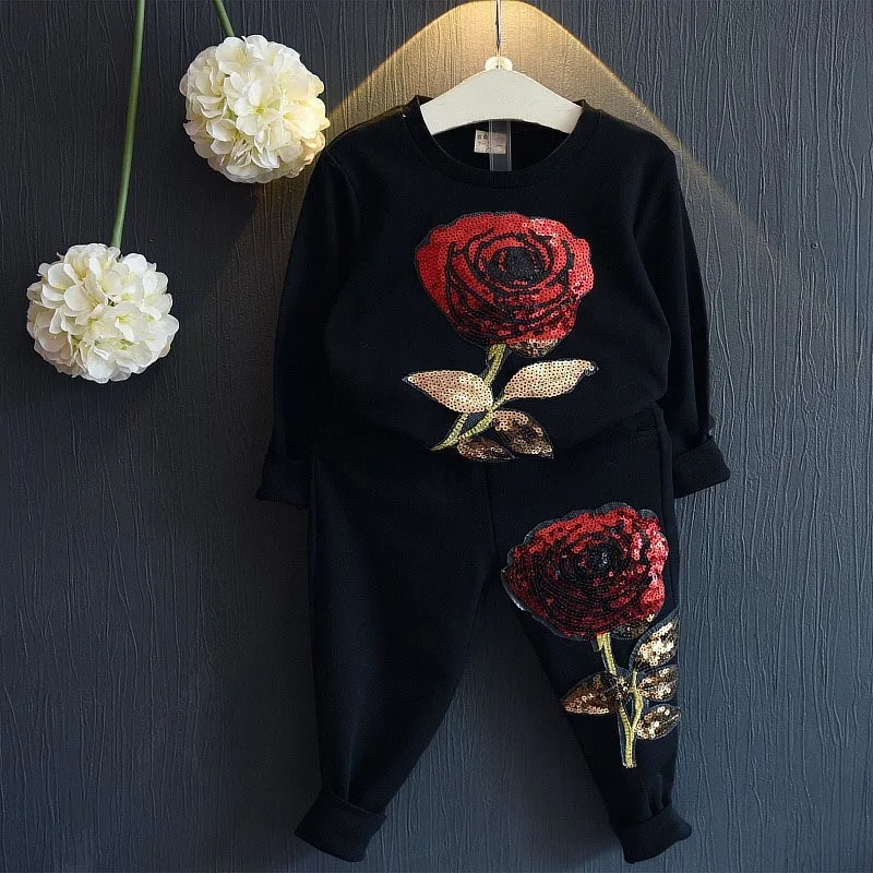 

New Age 2018 Children's Girls Roses Embroidered Babies Two Sets Of Fashionable Clothes And Trousers Girls' Leisure Suits
