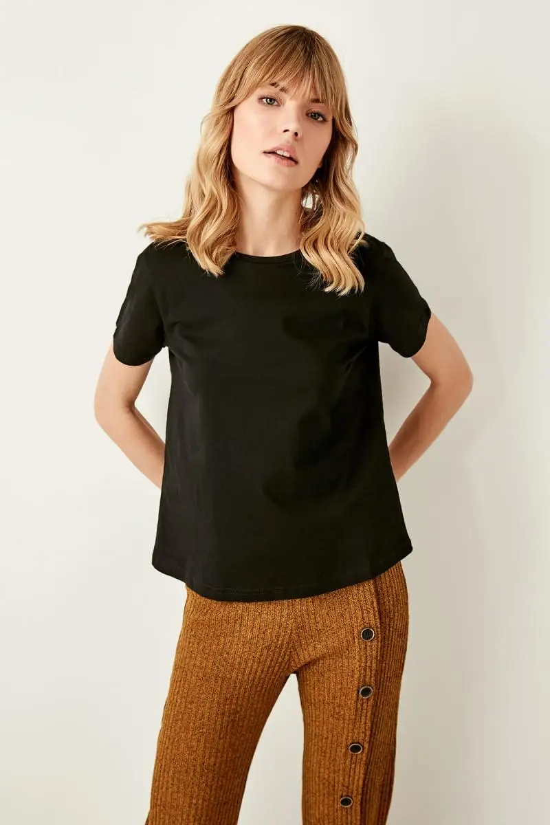 Trendyol черный велосипед шеи хлопок Базовые Трикотажные футболки TWOSS19BO0065|Футболки| |