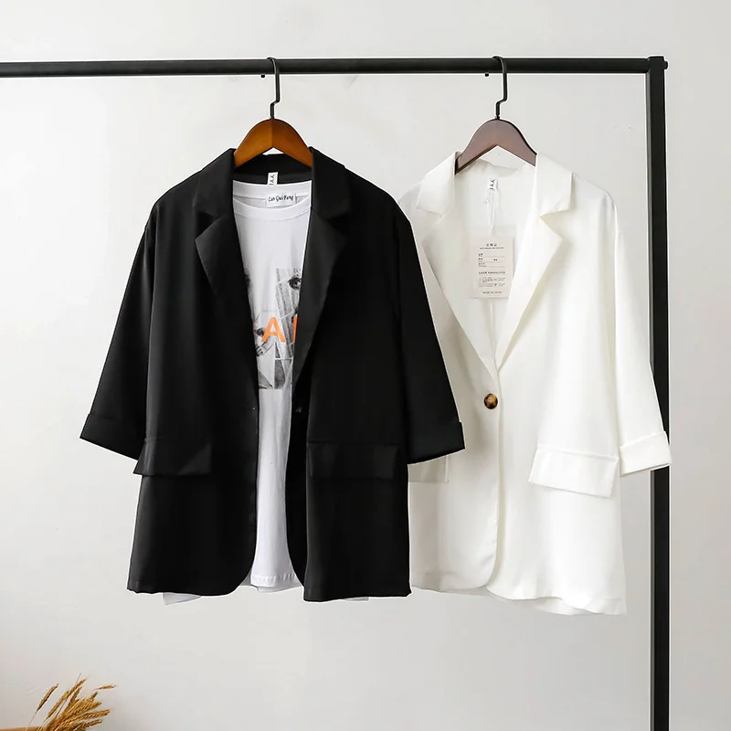 الصيف رقيقة سترة ثلاثة الأكمام الربع بدلة الصغيرة امرأة 2019 الترفيه واحدة زر سترة فضفاضة معطف