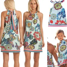 Семейная одежда для мамы и девочки, пляжная одежда платья с принтом Летнее мини-платье в стиле бохо для мамы и дочки, одинаковое платье с поясом для семьи