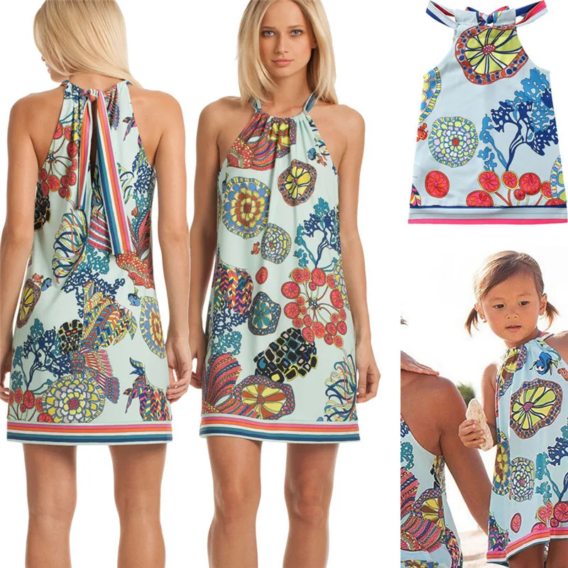 

Mother and Daughter Summer Mini Dress Boho Family Matching Sleeveless Halter Belt Dress Mom Girls Beach Clothes Printed Dresses