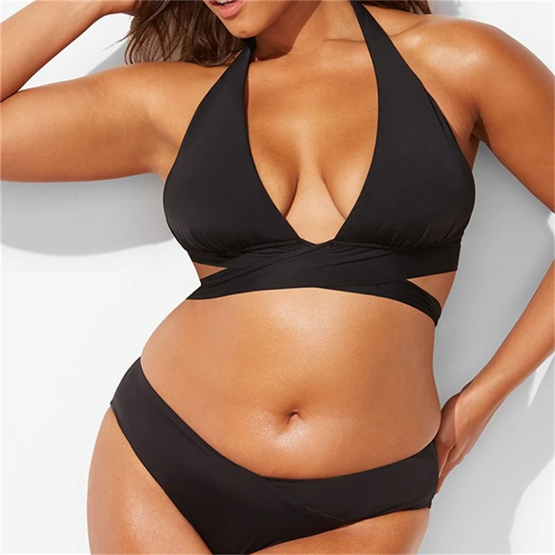 

Plus Size Swimwear Women Black Cross Wrap Large Size Bikini High Waist Swimsuit Female Bathing Suit Swim Wear 2019 4XL 5XL