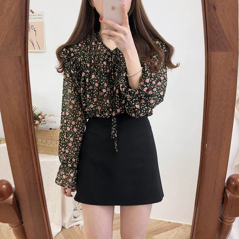  Chiffon Blouses Shirts Women Top Korean Style Clothes Long Sleeve Red Floral Printed Ruffled Top Bo