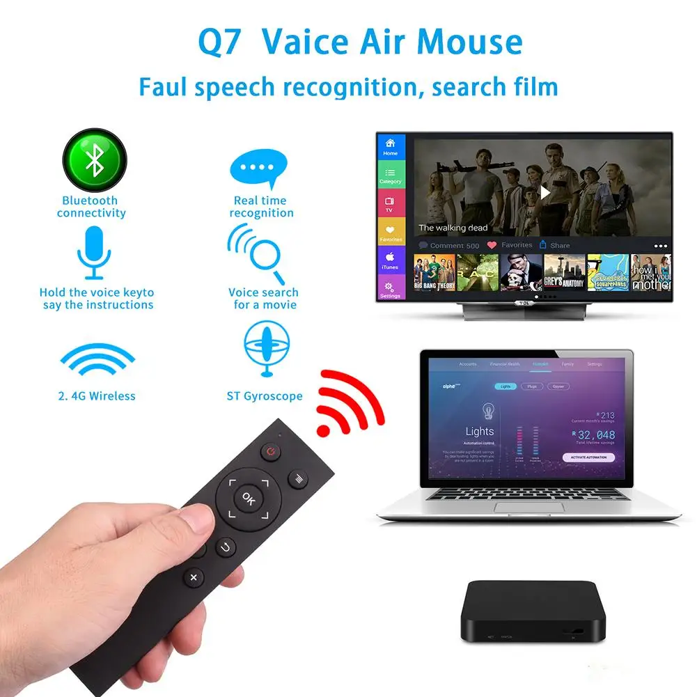 

Q7 Flying Squirrel Bluetooth Voice Remote Control 2.4G Microphone Universal Wireless Infrared TV Box Q7 Wireless Voice Air Mouse