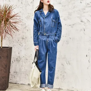 

Fashion New Solid Denim Jumpsuit Women Vintage Lapel Long Sleeve Casual Jumpsuits Jeans Female High Waist Rompers