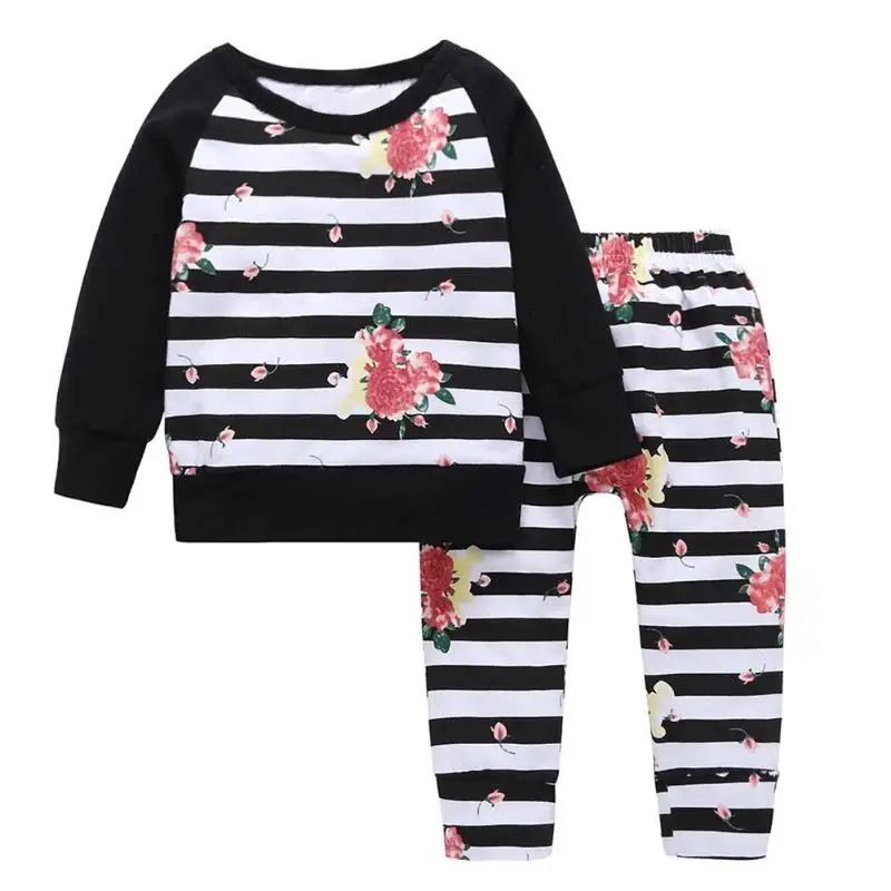 

Autumn Girls Toddler 2pcs Stripe O-Neck T-shirt Pants Kids Clothing Set Newborn Cotton Printed Long Sleeved Costume Set