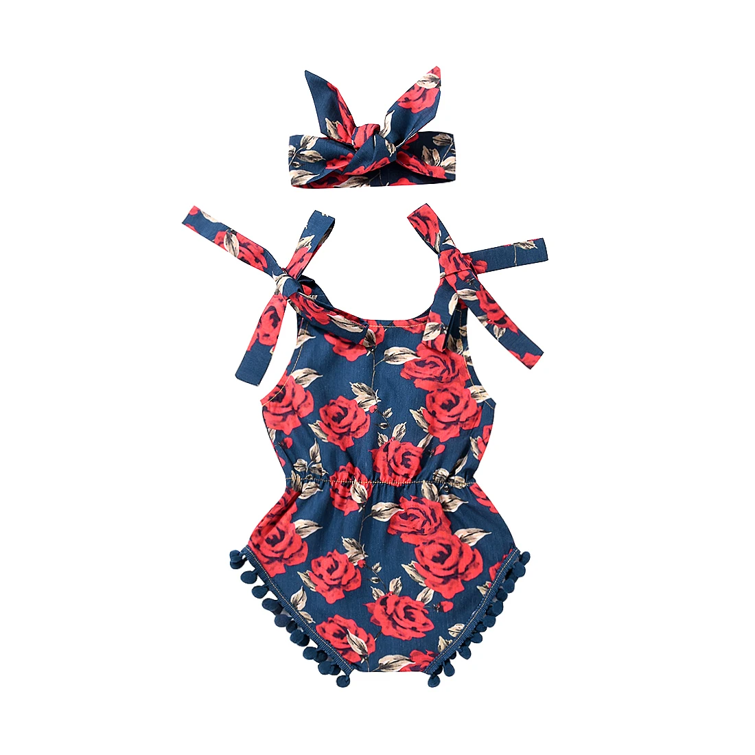 

Summer Newborn Baby Girl Clothes Flower Rose Jumpsuit Sleeveless Tassel Headband Bow Bodysuit Outfit