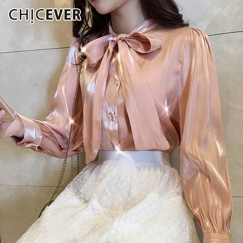 

CHICEVER Summer Sweet Lace Up Bow Collar Women Shirt Puff Sleeve Pearl Button Slim Female Top Clothing 2019 Korean New Tide