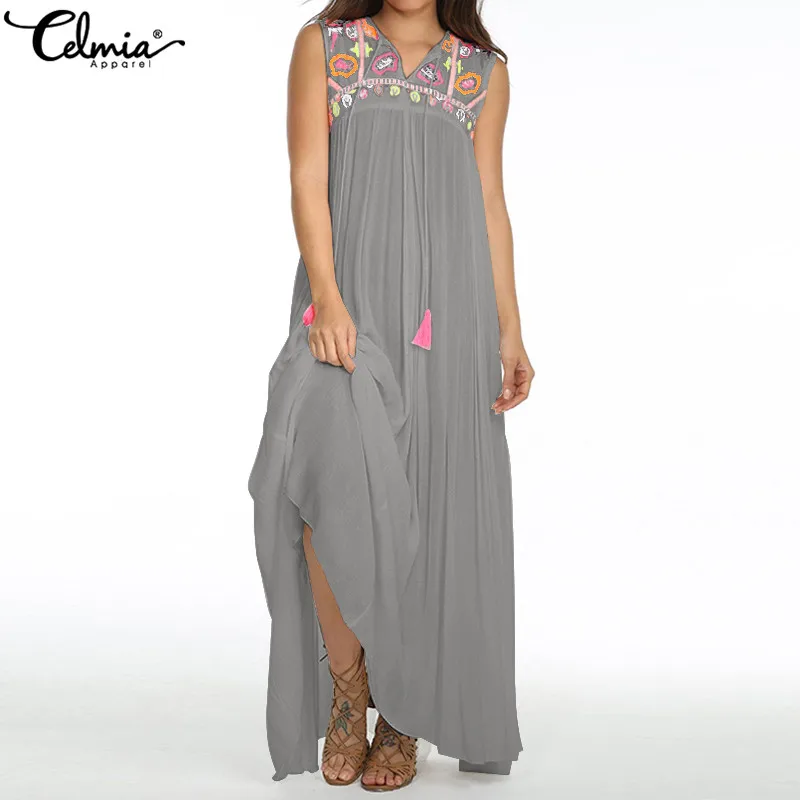 

Plus Size Celmia Women Vintage Long Shirt Dress Sexy V Neck Sleeveless Casual Loose Printed Dresses Beach Maxi Vestido Robe