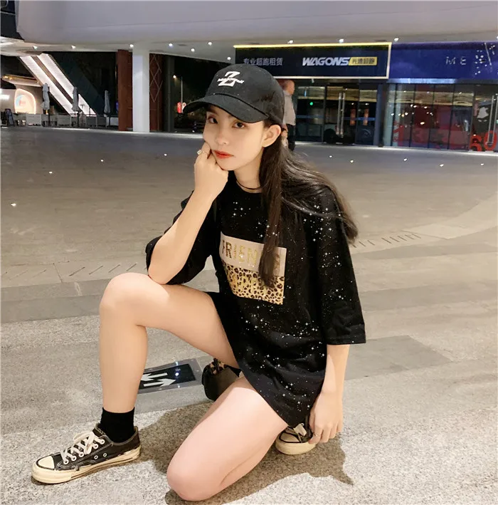 Half Sleeve T Shirt Womens Summer Korea Fashion Leopard Letter Printed Round Neck Female T Shirts 2019 Black Bright Casual Tops