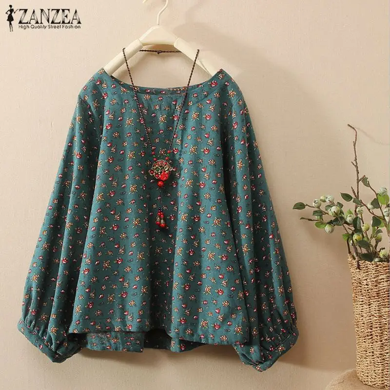 ZANZEA, Женская Весенняя блузка с длинным рукавом, Ретро стиль, женская одежда с цветочным принтом, хлопковая льняная рубашка, повседневный Свободный Топ, Blusas размера плюс