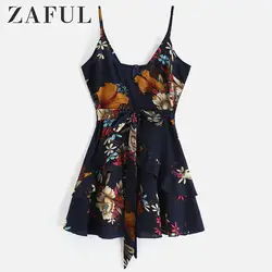 ZAFUL Цветочный оборками узлом мини платье Спагетти ремень рукавов оборками печати пикантные летние для женщин Винтаж 2019 Vestidos
