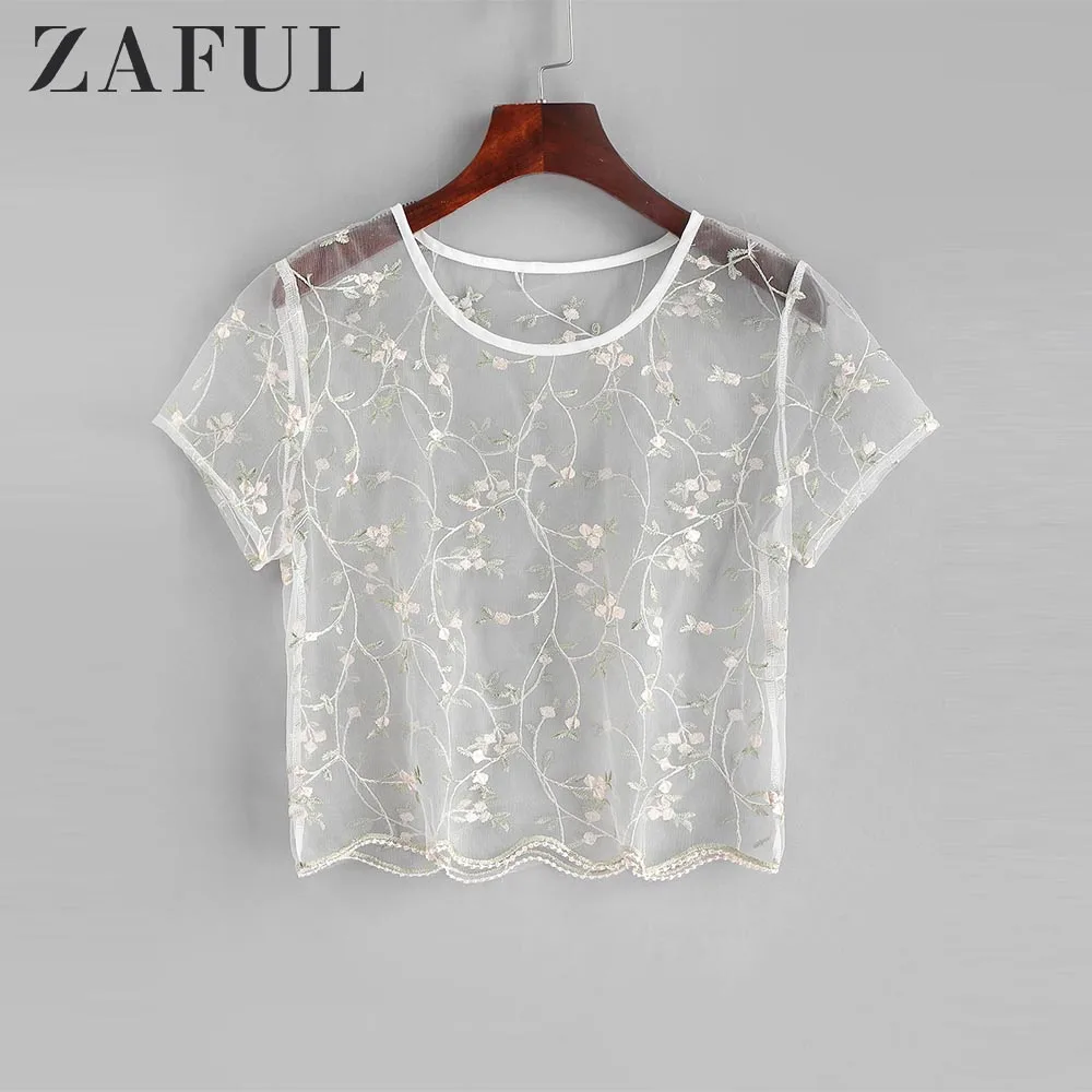 ZAFUL Tops Women Floral Embroidered Sheer Tulle Crop Top