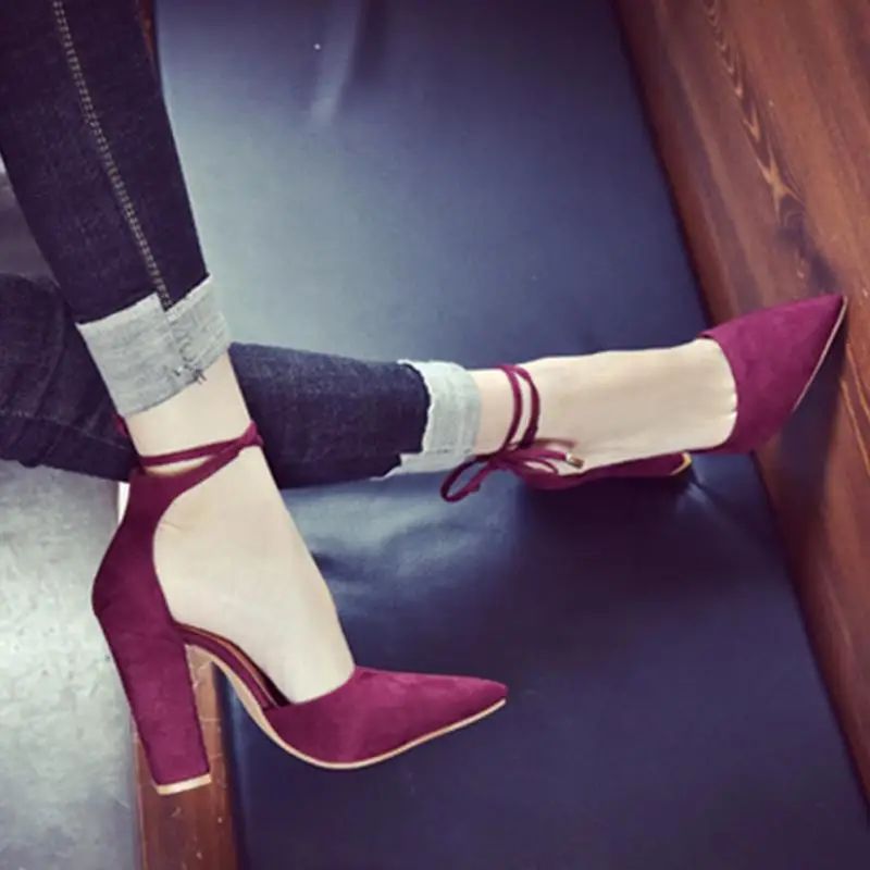 

Women Fashion Retro Suede Sharp Toe Cap High Heels Women's Chunky High Heel Lace Up Sandals