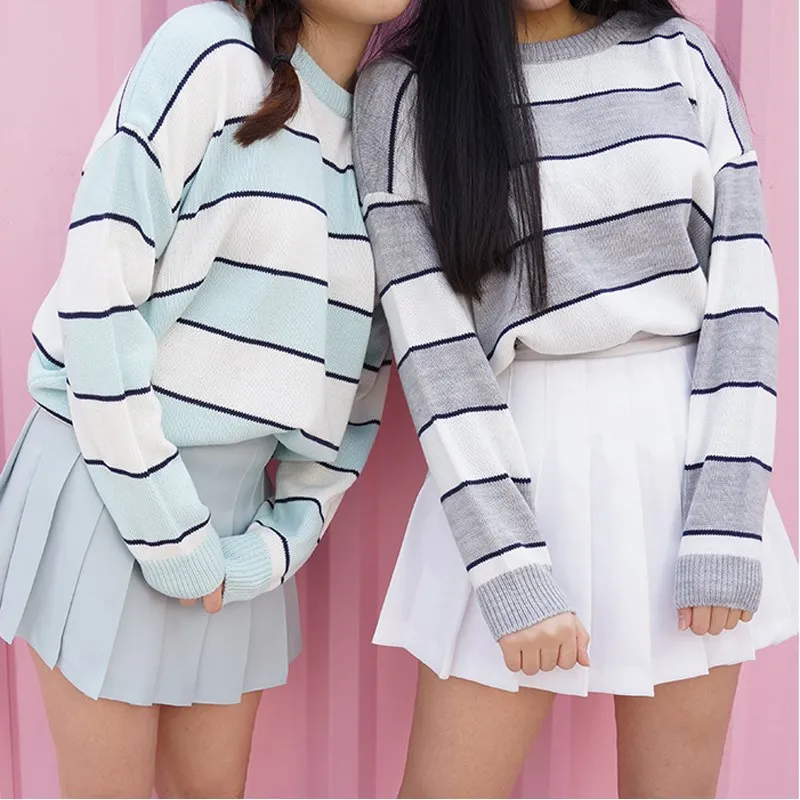 

Hot Sale 2018 Women Korean Casual Knitted Sweater Autumn Fashion O-Neck Color Block Striped Pullovers Jumpers Loose Sweaters
