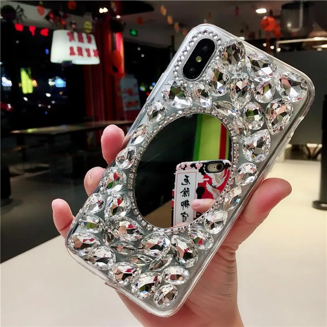 

Creative Rhinestone Phone Case Back Cover With Make Up Mirror For Silver iPhone Easy install and remove.