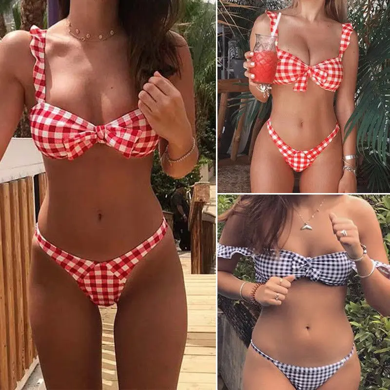 

2019 Sexy Low Waist Bikini Women Swimwear Push Up Swimsuit Ruffles Bathing Suit Plaid Printed Biquinis Summer Beach Wear Female