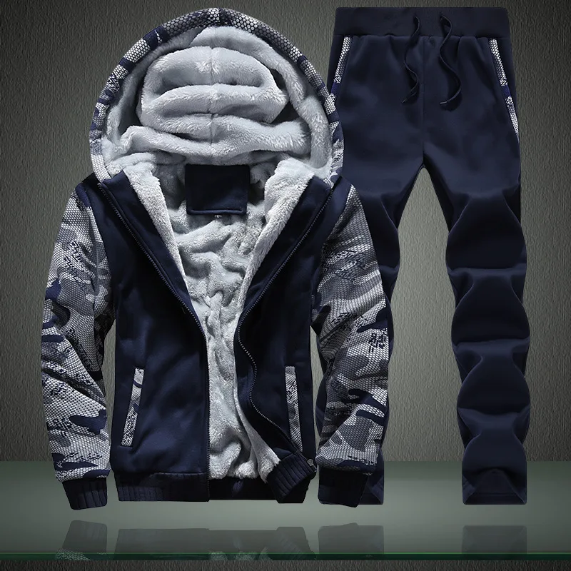 2019 Winter Plus velvet thick thermal hoodie Men pullover Sweatshirt + pants Hooded Coat Male zipper jacket & pants Set hoodies