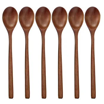 Wooden Spoon, 6 Pieces Wood Soup Spoons for Eating Mixing Stirring Cooking, Long Handle Spoon with Japanese Style Kitchen Utensi 1