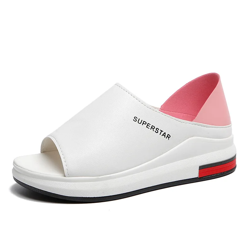 

2019 Summer Women Sandals Plus Size 35-42 Wedge Flats Platform Pu Leather Shoes Female Peep Toe Slip-on Comfortable Shoes