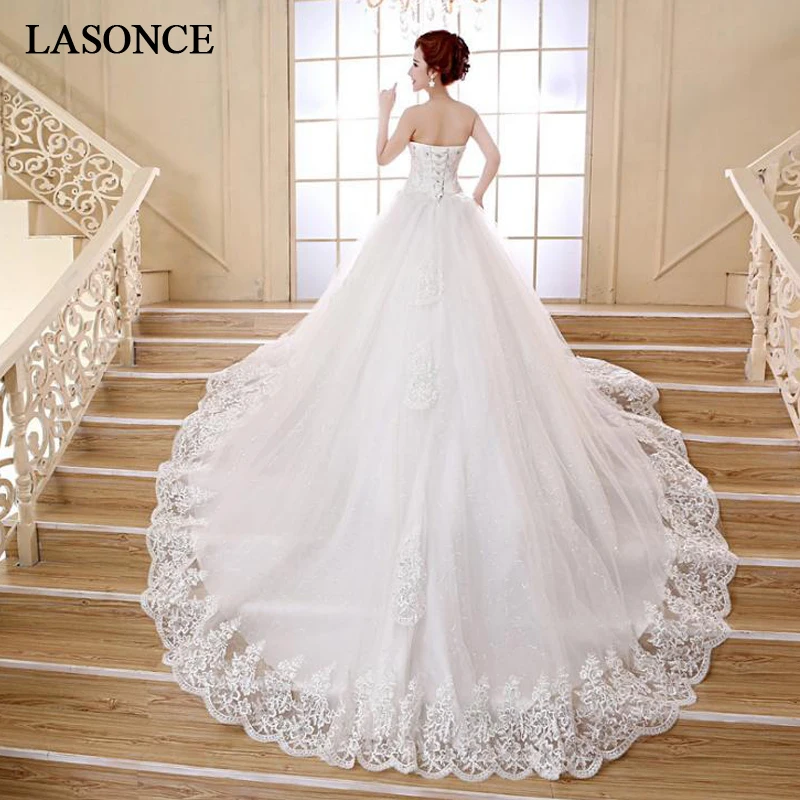 

LASONCE Lace Appliques Ball Gown Wedding Dresses Crystal Strapless Sequined Court Train Backless Bridal Dress