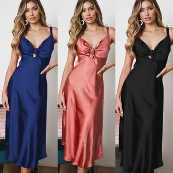 

Women's Satin Bodycon V Neck Evening Party Maxi Strappy Dress Sundress Sleepwear