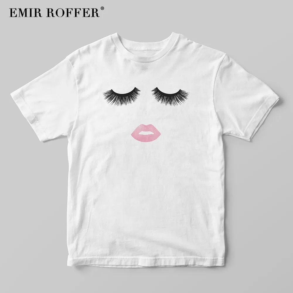 

EMIR ROFFER Eyelash Red Lips Female T-shirt Fashion Harajuku Cute T Shirt Women Summer Basic White Cotton Tshirts Tee Shirt