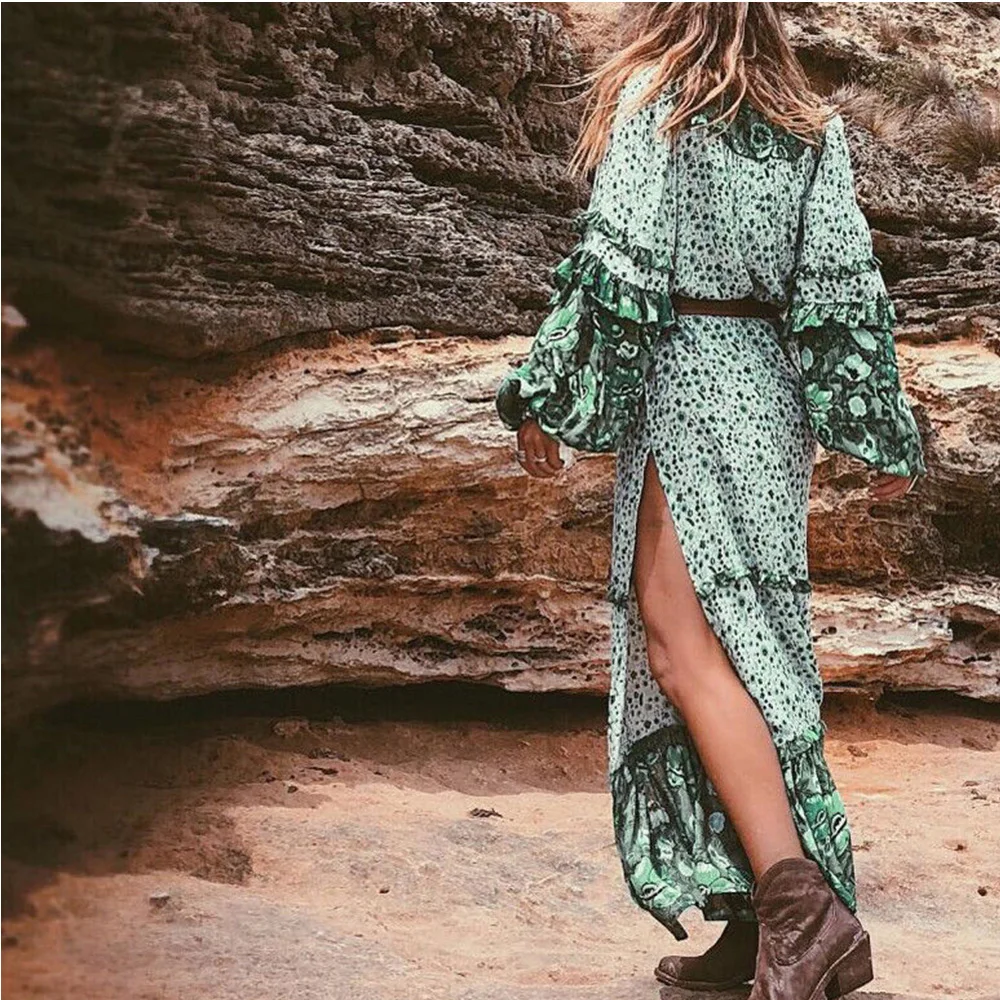 

Women Summer Boho Polka Long Sleeve Long Maxi Dress Green Tank Beach Dress