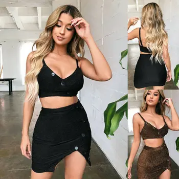 

Women Ladies 2 Piece Set Clothes Bodycon Crop Top Short Split Skirt Party Club High Waist Sexy Clothes Set