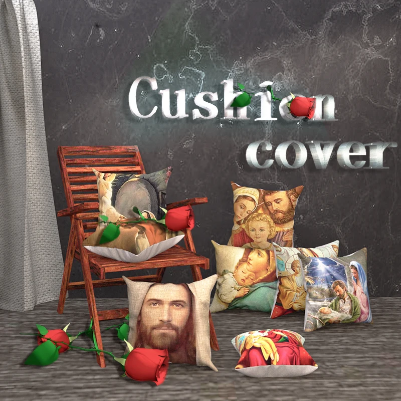

Religious peach skin / linen pad cushion Jesus save the world pattern series cushion cover sofa learning rest pad decoration