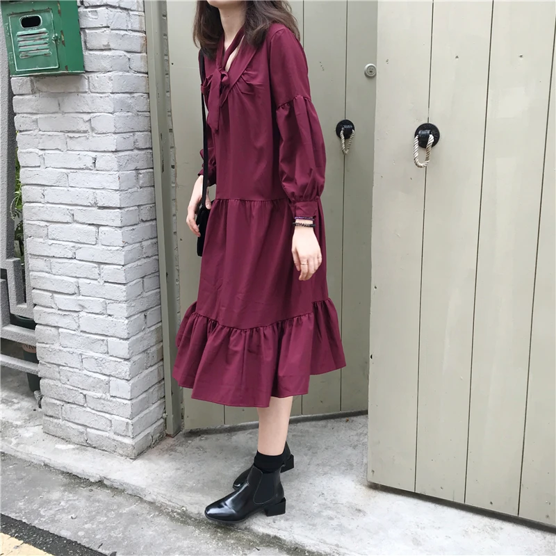 

Women Summer Long Red Ruffle Dress V-neck Bow Tie Maxi Elegant Vestidos Casual Loose Plus Size Robe Femme Jurken Sukienki