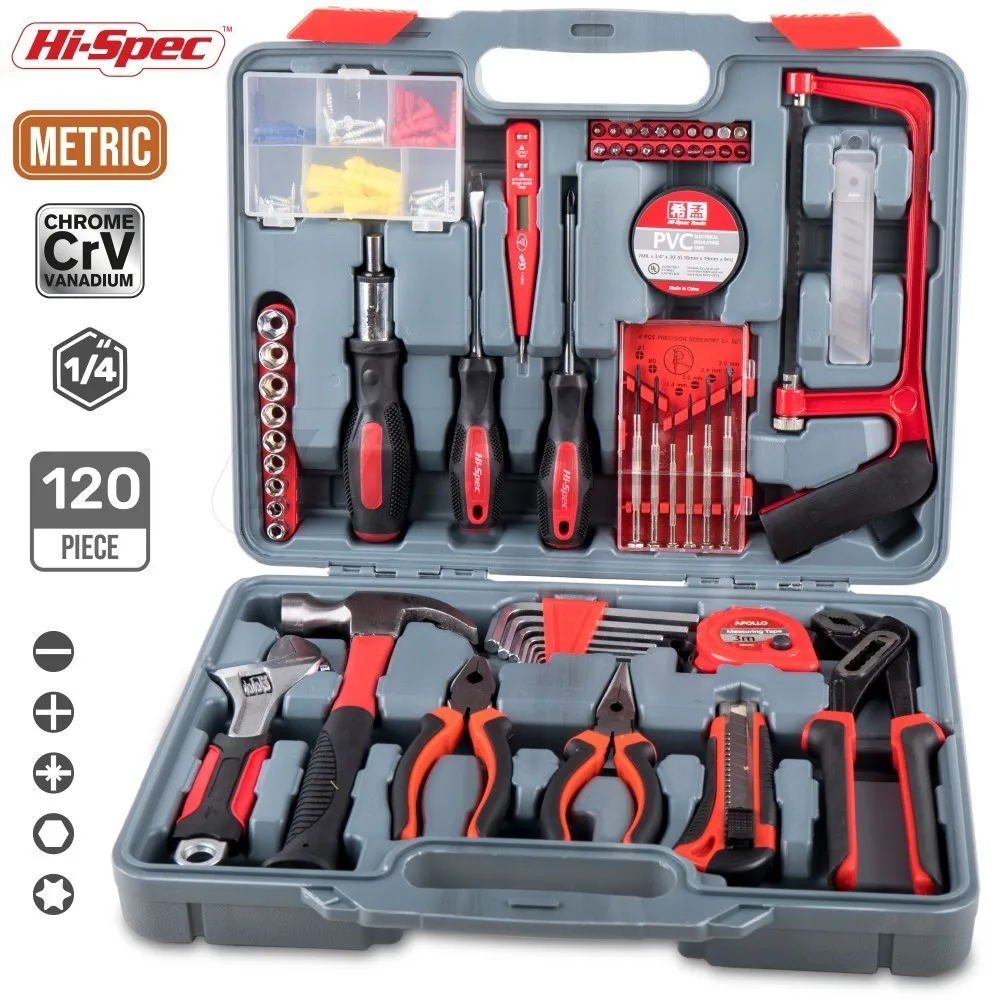 

Hi-Spec 120pc Hand Tool Set Household Home Garage Tool Set with Pliers Wrench Spanner Hammer Saw Screwriver Bits Set Socket