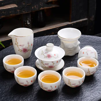 

Suet Jade Porcelain Tea Set Suit Hand Trace A Design In Gold Household Three Talents Tureen Kung Fu Tea Have Gift Box Suit