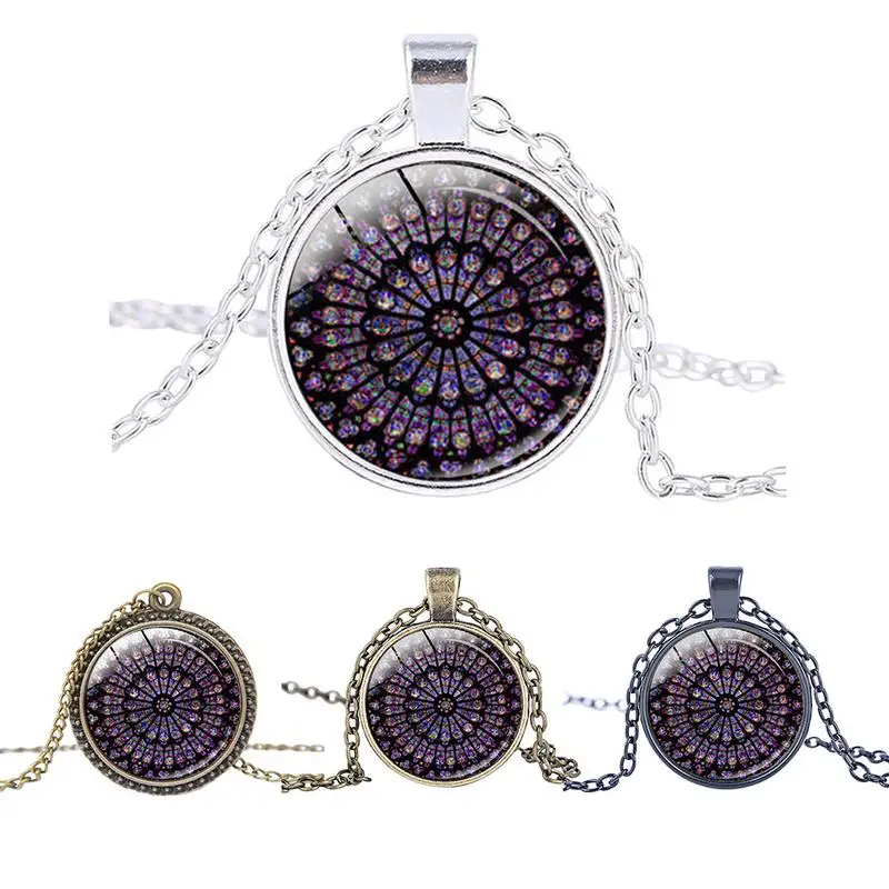 

Pendant Necklace Unisex Colorful Notre Dame Cathedral Style Glass Window Alloy Fashion Simple Pendant Necklace For Men Womnen