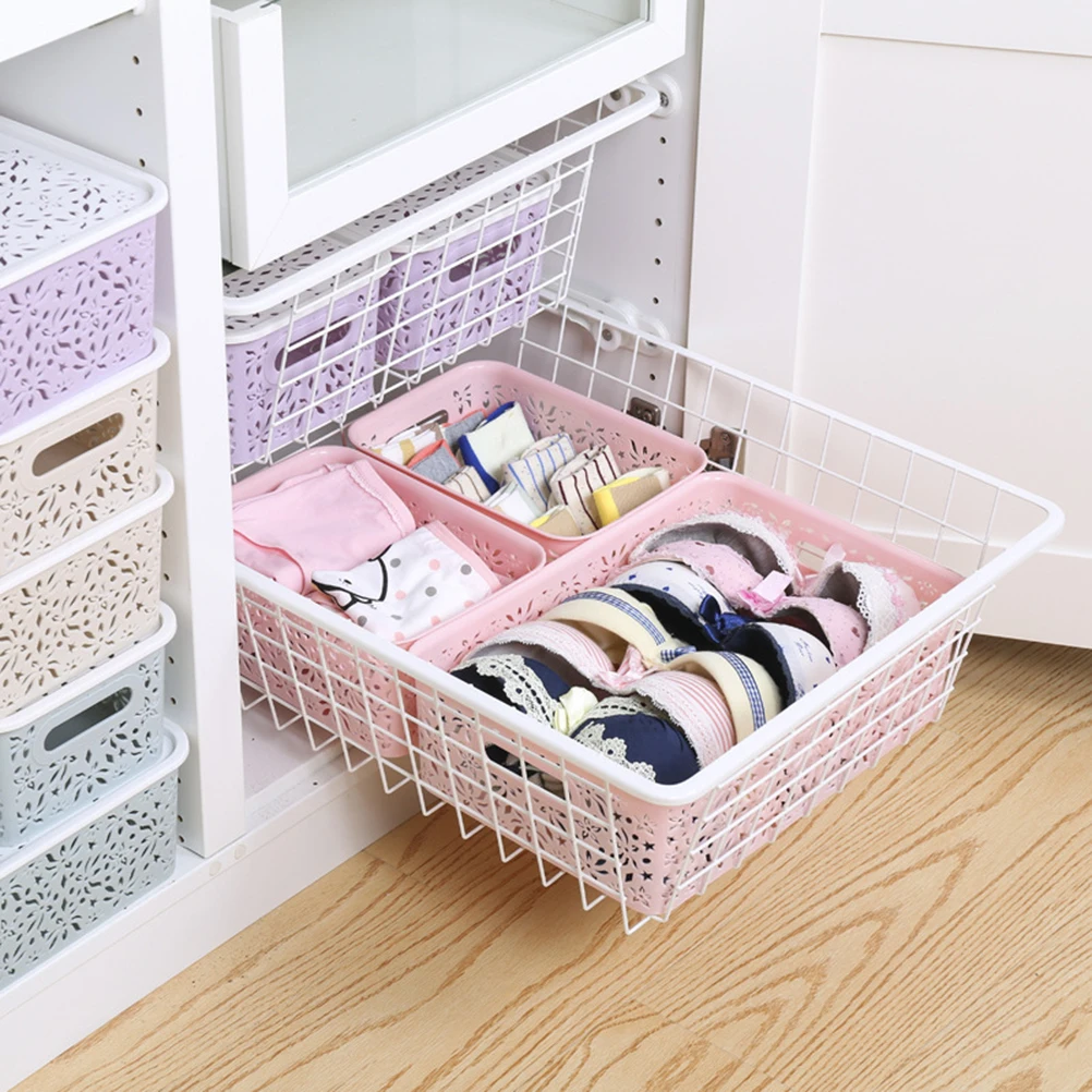 

Stackable Plastic Storage Box Hollow Out Delicate Retro Pattern Storage Basket with Lid for Clothes Cosmetics Papers Toys
