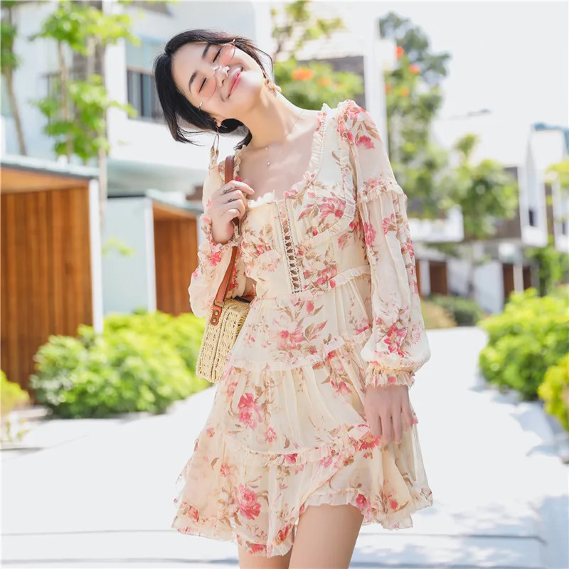 

2019 Summer Sexy Beach Holiday Floral Print Chiffon Women Mini Dress Runway Lantern Sleeve Tunic Ladies Short Dresses Clothes