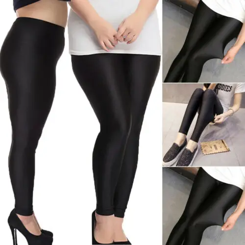 

2019 New Fashion Women's Shiny High Waist Stretchy Disco Dance Ladies Black Solid Leggings Pants Plus Size
