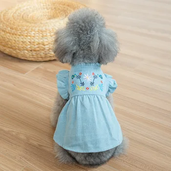 

New Dog Puppy Clothes Pets Puff Sleeve Embroidered Denim Skirt Spring&Summer Elegant Princess Dress For Teddy Kittens Girl Dogs